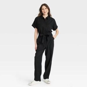 Universal Thread Short Sleeve Black Linen Utility Jumpsuit Boilersuit New 2